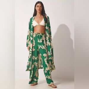 Printed Long Sleeves Kimono And Pants Set 💚🤍